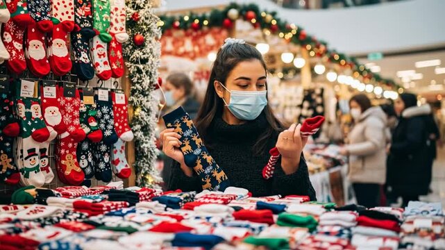 Woman wearing face mask shopping for Christmas socks at market.