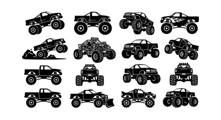 Monster Truck Vector Icons Collection, Off-Road Vehicle Silhouettes, Extreme Sports and Adventure Graphics, 16 Black and White Illustrations © Salman