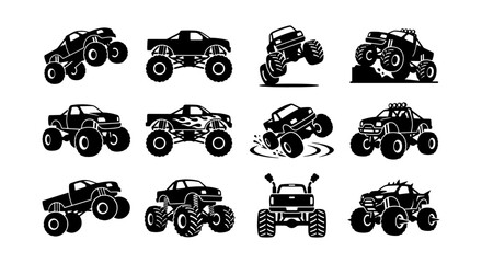 Monster Truck Icons Collection, Off-Road Vehicle Vector Graphics, Extreme Sports Trucks Set, Black and White Silhouettes for Automotive Design © Rubel