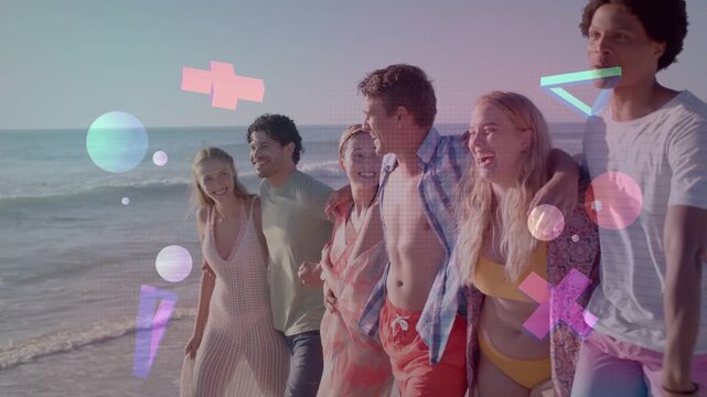 Six adults linking arms, stepping along beach, geometric shapes floating in front of group for ads