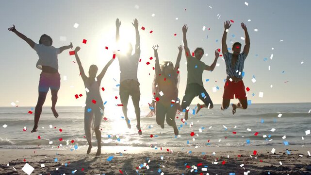 Friends reacting to animated confetti, stepping, jumping and celebrating on beach for marketing