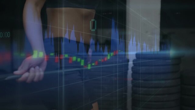woman jumping rope for fitness, camera revealing body while finance candlesticks overlaying frame