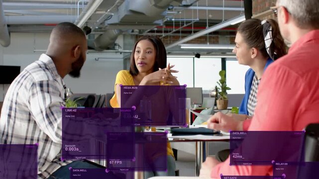 Woman in yellow leading business meeting starting talk and sparking purple overlays showing metrics