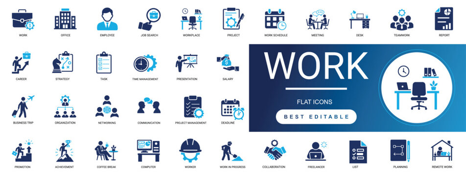 work  icon set. office, business, employee, employment, teamwork, organization, networking, career, productivity, management, meeting, task, skill. editable solid vector illustration pack.
