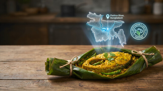 Traditional Steamed Hilsa Fish in Banana Leaf with Futuristic Holographic Origin Map of Padma River Bangladesh