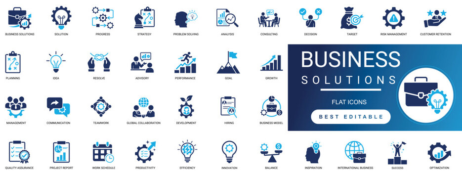 Business Solutions Solid Icon Set. Strategy, Management, Success, Idea, Innovation, Teamwork, Goal, Development, Growth, Progress. Editable Vector  illustration Pack.