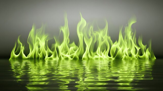 Vibrant green flames reflecting on water surface against a dark backdrop