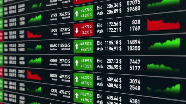 Trading screen, stock market data sheet, chart and price information, bid ask offers. Screen, investment, stock exchange, growth, strategy, prices up and down, risk , chance.