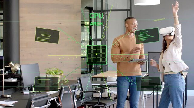 Man guiding tablet, woman donning VR headset toggling CPU grid, HUD panels rearranging in tech demo