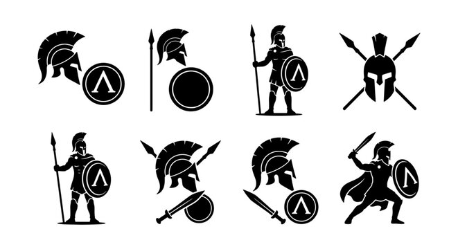 Spartan Warrior Icons Set, Ancient Greek Soldier Silhouettes, Military Helmet and Shield Graphics, Historical Battle Symbols, Black and White Vector Collection