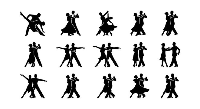 Ballroom Dancing Silhouettes Collection, Elegant Couple Poses, Romantic Dance Styles, Vector Icons Set for Event Design and Performance Graphics