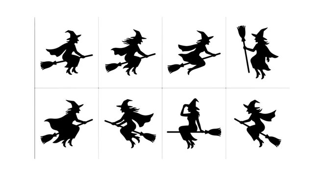 Witch Flying Silhouettes, Halloween Icons Set, Magical Sorceress Vector Collection, Spooky Night Graphic Elements