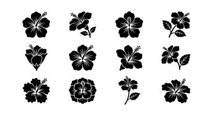 Set of 12 Black Hibiscus Flower Icons, Tropical Floral Vector Graphics, Botanical Silhouette Elements for Design © Ridwan