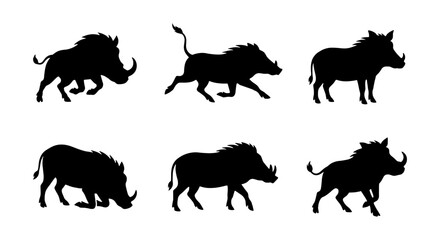 Warthog Silhouettes Collection, Six Diverse Poses, African Wildlife Vector Icons, Wild Boar Animal Graphics © Salman