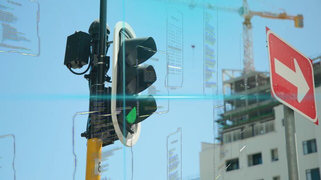 Traffic signal cycling red to green allowing right-turn, overlays drifting as man walking past pole