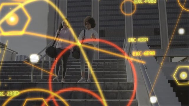 Two commuting women starting descent, descending steps, tech overlay highlighting legs and codes