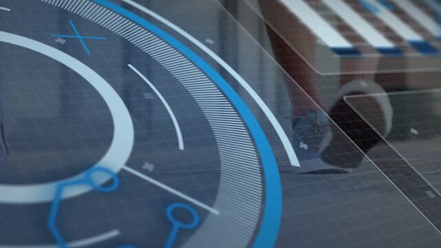 Circular blue HUD rotating as camera panning right and foot stepping, showing AR interface