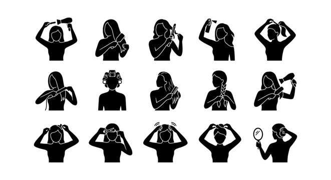 15 Silhouette Icons: Hair Care Routine, Styling Steps, Beauty Tutorial Graphics, Vector Set for Salons and Personal Grooming