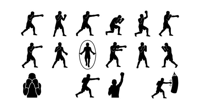 Boxing Action Silhouettes: 15 Dynamic Poses of Fighters, Training, and Combat, Vector Icons for Sports and Fitness Graphics