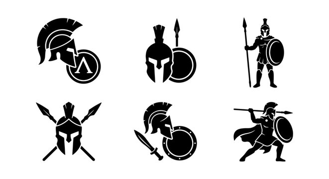 Spartan Warrior Icons, Ancient Greek Soldier Symbols, Military Helmet and Shield Graphics, Historical Combatant Vector Set