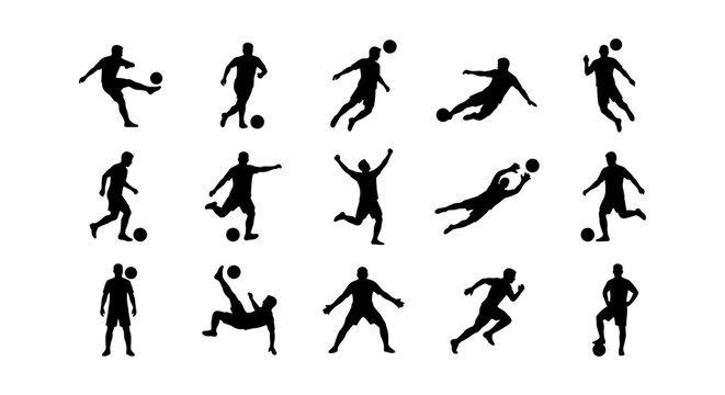 Soccer Player Silhouettes Collection, Dynamic Action Poses, Football Game Icons, Sports Vector Graphics for Athletic Design