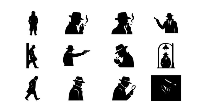 Detective Silhouette Icons, Vintage Investigator Vector Set, Noir Mystery Man Graphics, Classic Spy Character Collection