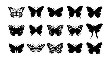 Diverse Butterfly Silhouettes Collection, 15 Vector Icons for Nature and Insect Designs, Elegant Black and White Winged Insect Graphics © Rakibul