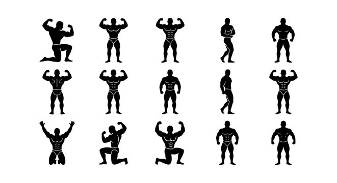 Bodybuilder Silhouettes Collection, Muscular Male Figures Poses Vector Set, Fitness and Strength Icons for Health and Sport Graphics