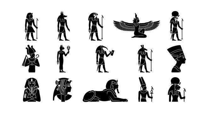 Ancient Egyptian Gods and Figures Vector Icons Set, Pharaohs, Sphinx, Hieroglyphs, Mythology Symbols, Black Silhouette Collection for Historical Design