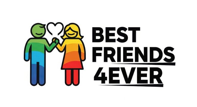 Colorful best friends 4ever logo with heart symbol and two happy people