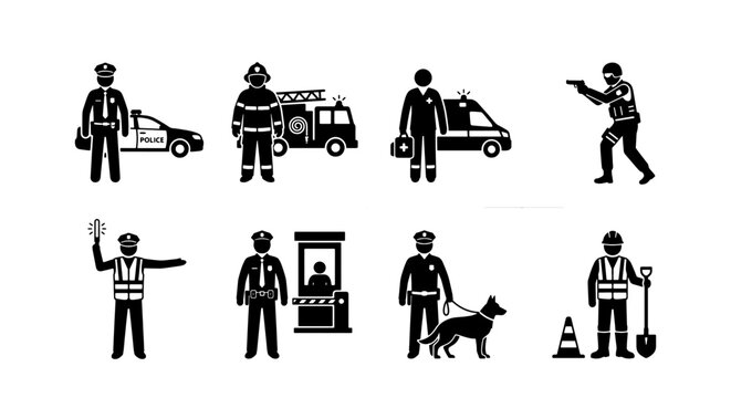 Emergency Services Icons Set: Police, Firefighter, Paramedic, Security, Traffic Control, K9 Unit, Construction Worker, Vector Graphics