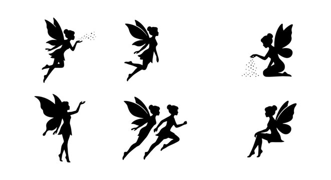 Enchanting Fairy Silhouettes Collection, Magical Winged Beings Vector Set, Whimsical Fantasy Characters for Design
