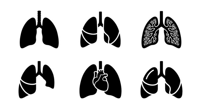 Set of Six Black Silhouette Lung and Respiratory System Icons, Medical Anatomy Illustrations, Human Body Health Graphics