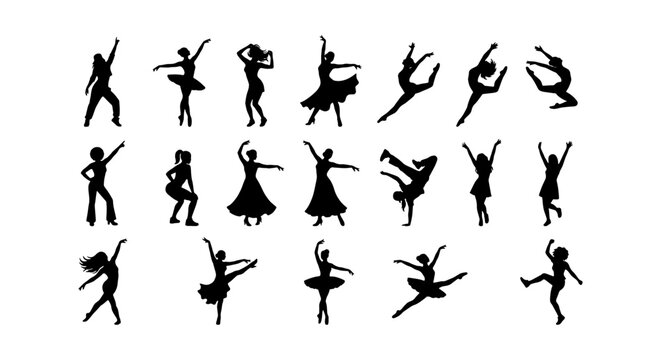 Diverse Dance Silhouettes Collection, Ballet and Hip Hop Poses, Elegant and Dynamic Figures, Vector Art for Performance and Fitness Graphics