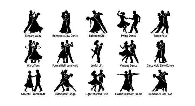 Ballroom Dance Silhouettes, 15 Elegant Poses Vector Set: Romantic Waltz, Tango, Swing, Formal Hold, Graceful Promenade, Classic Frame, Final Pose, Lift, Twists
