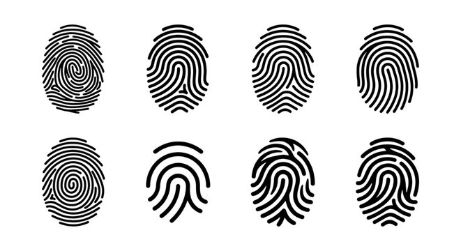 Set of 8 Unique Fingerprint Icons, Black and White Identity Symbols, Personal Identification Vector Graphics, Security and Privacy Concepts
