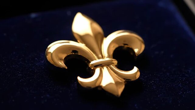 Close-up of a golden decorative floral symbol on dark blue velvet