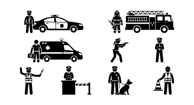 Emergency Services Vector Icons: Police, Firefighter, Ambulance, Security Personnel, K9 Unit, Traffic Control, 8 Elements Set