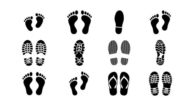 Footprint Icons Collection: Diverse Shoe Prints, Bare Feet, and Flip-Flops for Walking and Movement Graphics