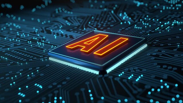 Close-up circuit board, AI processor (artificial intelligence), motherboard, machine learning, big data. Integrated circuit and digital process, data exchange, bit, binary, computer, technology.