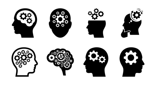 Brainstorming Icons Set, Thinking Process Vector Graphics, Cognitive Function Symbols, Idea Generation Silhouettes