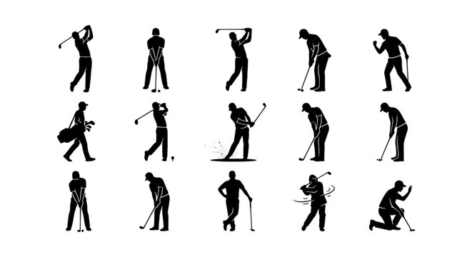 Golf Player Silhouette Collection, 15 Diverse Poses, Sports Action Icons, Vector Graphics for Athletic Design and Game Concepts