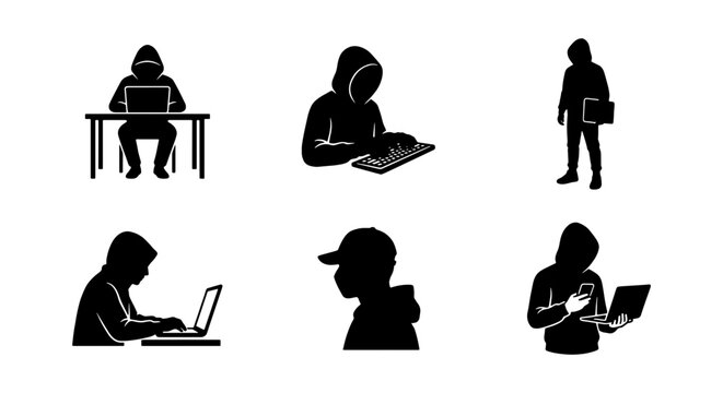 Cybersecurity Hacker Icons, Anonymous Coder Silhouettes, Digital Crime Vector Set, Technology Threat Symbols