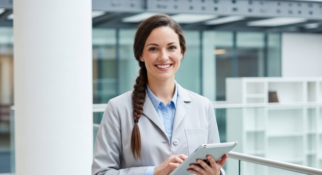 Smiling woman in lab coat holding tablet in modern office building