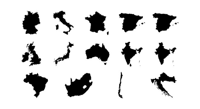 Global Country Silhouettes Collection: Diverse Nation Maps, International Geography Icons, World Continent Shapes for Travel and Business Concepts