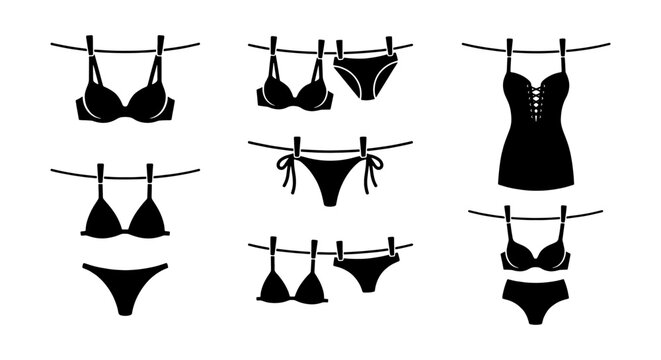 Lingerie and Swimwear Icons, Black Silhouette Vector Set, Underwear and Bra Collection, Fashion and Apparel Graphics