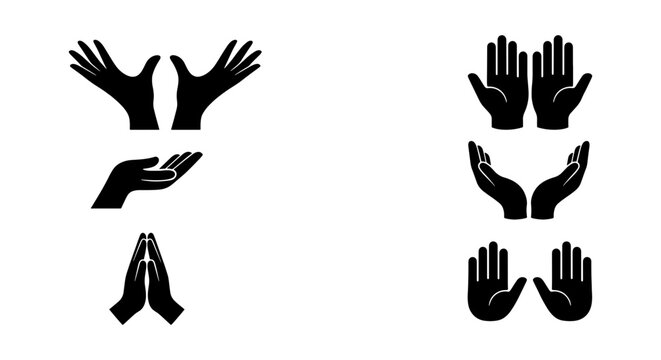 Praying Hands and Open Palms Vector Icons, Silhouette Gestures for Support, Giving, and Worship, Black and White Symbol Collection