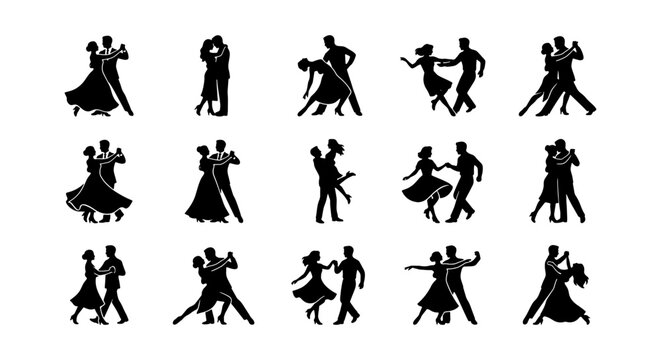 Elegant Ballroom Dancing Silhouettes Collection, Romantic Couple Poses Vector Set, Classic Dance Styles Icons for Event Design