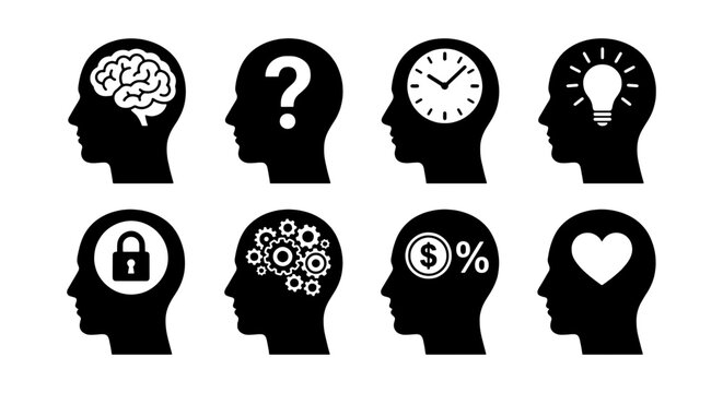 Mind Icons Set: Brain, Question, Time, Idea, Security, Gears, Finance, Love - Silhouette Heads Collection