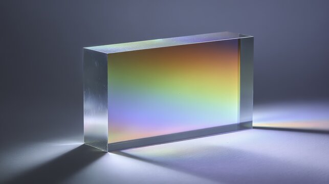Transparent rectangular prism with iridescent color gradient on a dark surface